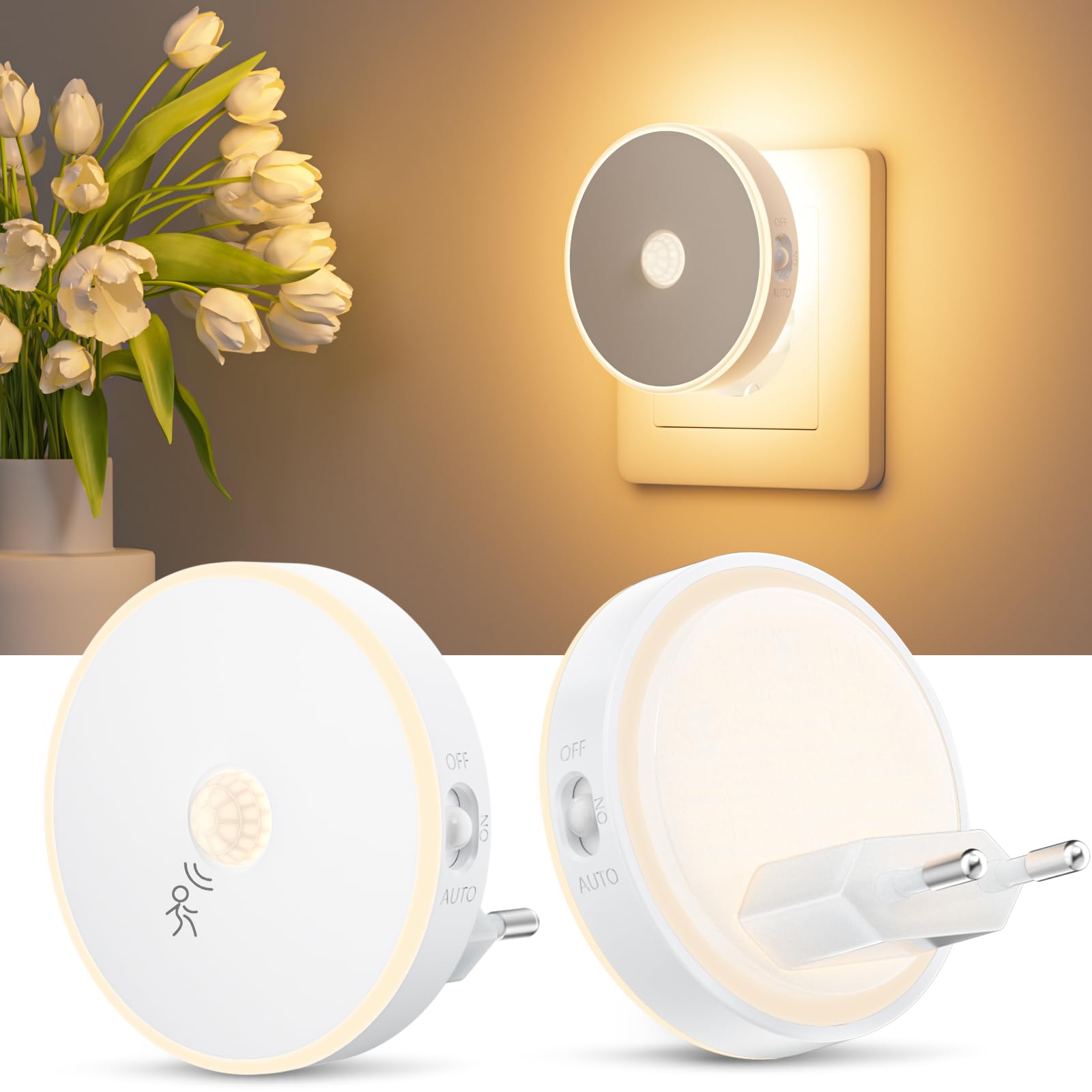 Luz Nocturna Infantil 2 Pcs, Luz LED Nocturna con Sensor de Movimiento, Lámpara de Noche Enchufable Brillo Ajustables, 3 Modos (AUTO/ON/OFF), Luz Noche para Niños/Escaleras/Dormitorio- Blanco Cálido