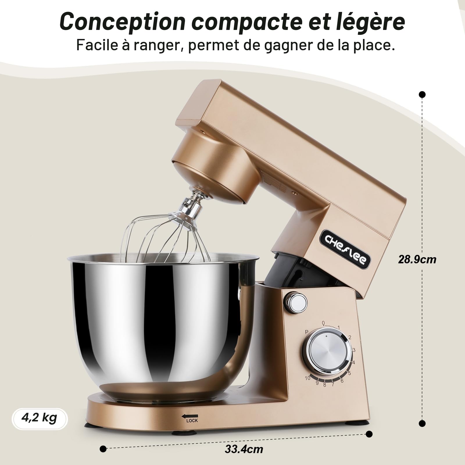 Robot Patissier CHeflee,1500 W Robot Pâtissier,avec Bol en Acier Inoxydable de 4,5 et 5,5 L,10+P Vitesse,avec Crochet Mélangeur, Crochet Pétrisseur,Fouet et Protection Anti-Eclaboussures (Dore）