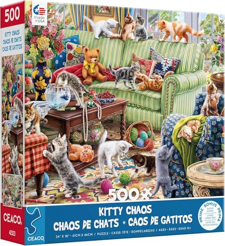 Rompecabezas Ceaco - Kitty Chaos de 500 piezas para adultos | Arte de Image World, fabricado en EE.UU., piezas con agarre fácil, tamaño final 27 x 19 pulgadas, incluye póster, enmarcable y apto para regalo miniatura 1