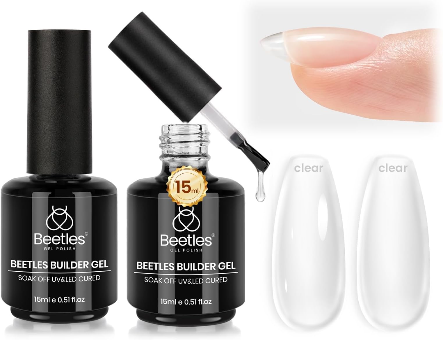 Beetles Builder Gel Set,Dew Glow 2 Pcs 0.5 oz 8 in 1 Nail Strengthening Apex Building Nail Extension for Beginner DIY Salon at Home,Clear Gel Builder for Nails,UV & LED Lamp Needed