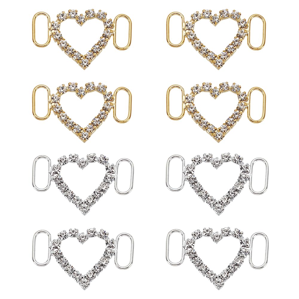 2 Colori 8Pcs Lacci Fascini a Forma di Cuore per Scarpe Da Ginnastica - Gioielli Oro Argento Strass Clip Bling Decorazione per Donne Casual Accessori