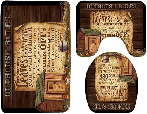 Outhouse - Alfombra de baño de espuma viscoelástica, 3 piezas, rústica, reglas de madera primitiva, pollo y hierba, citas divertidas, juego de