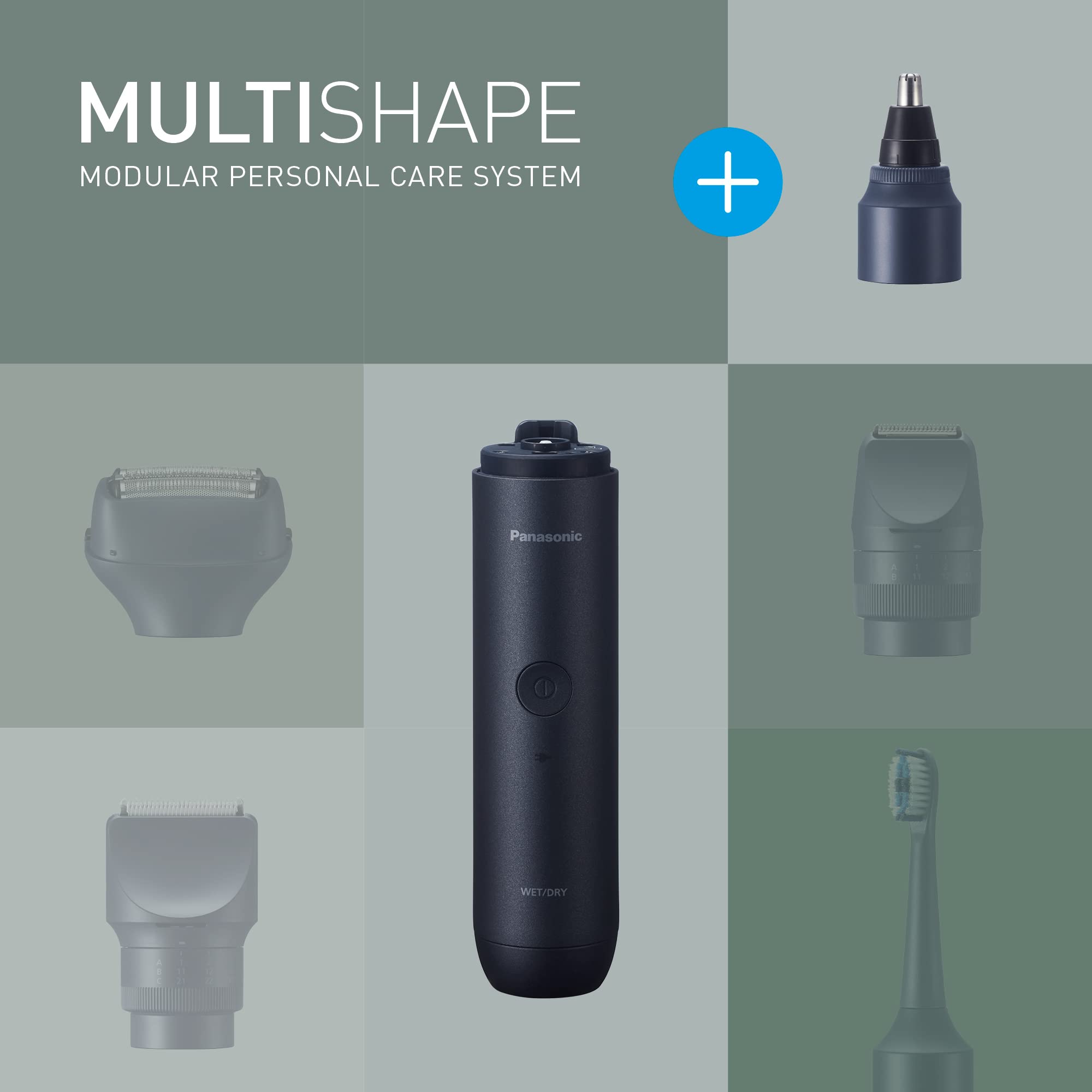 Panasonic Multishape ER-CBL1 uchwyt, akumulator litowo-jonowy, Czarny & Panasonic Multishape ER-CNT1 nasadka trymera do nosa, uszu i włosów na twarzy, na mokro i sucho