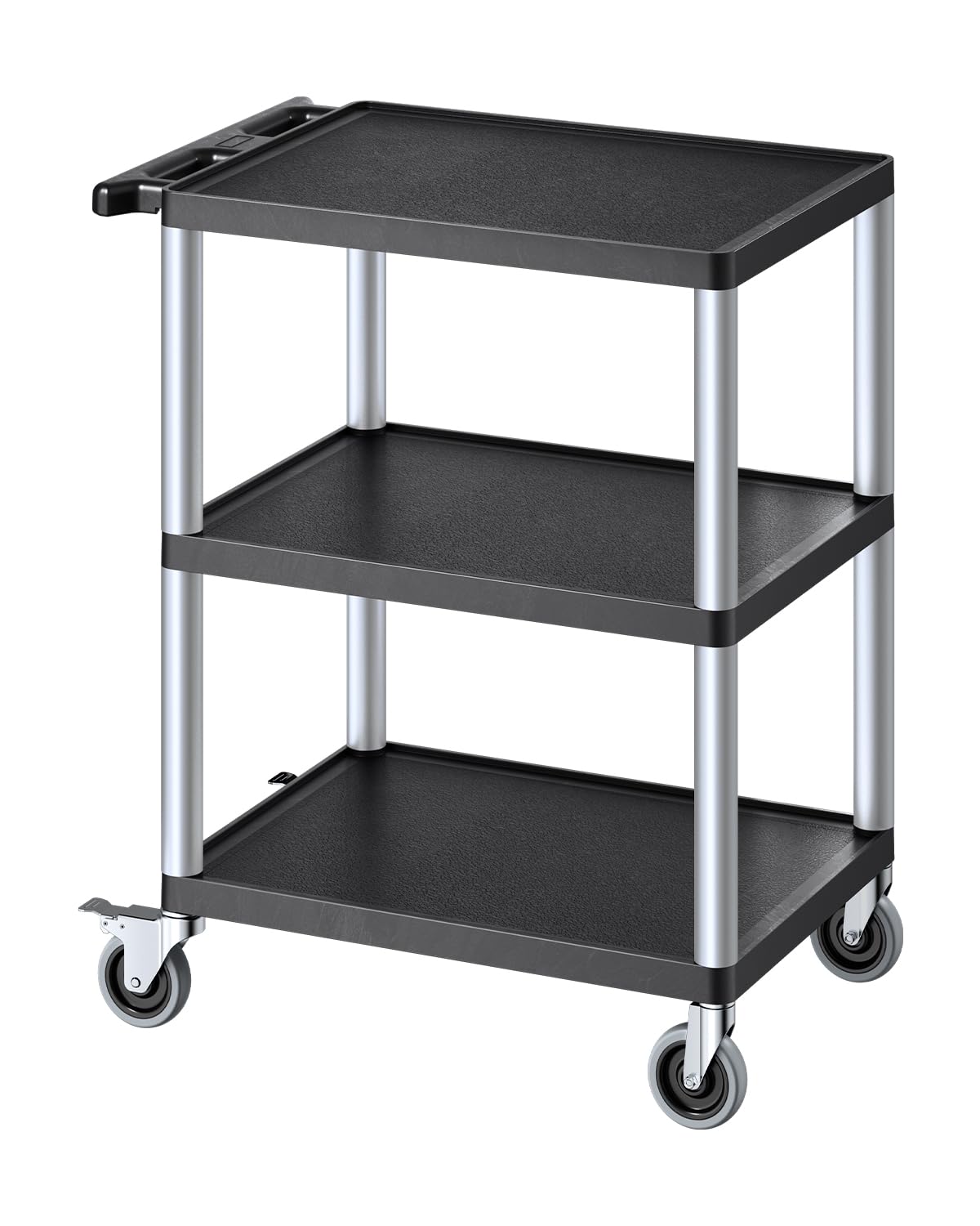 VEVOR Carro Multiusos, Carro de Servicio de Plástico Resistente de 3 Estantes 695 x 460 x 825 mm con Ruedas Giratorias de 360° (2 con Frenos), Carga de 136 kg, para Almacén, Garaje, Negro