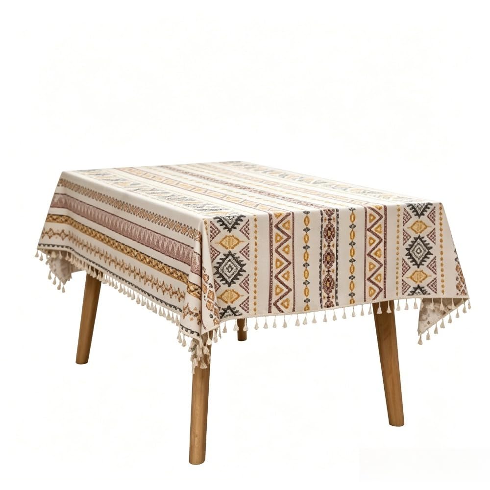 EDWNAS Boho Tassel Linen Waterproof Oilproof Tablecloth (yellow grid,140 * 260cm)