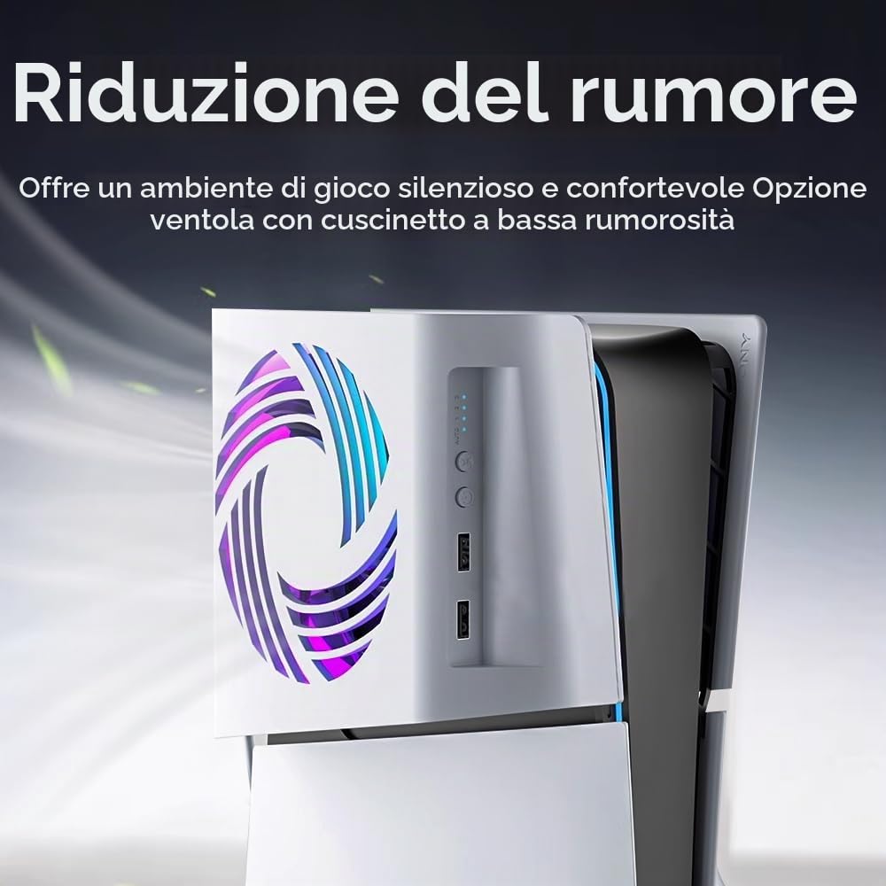 Ventola per PS5 Slim Ventola di Raffreddamento,per Accessori PS5 Slim,con Dissipazione del Calore Laterale/Rilevamento Automatico Della Temperatura/Luce RGB/3 Velocità Dell'aria/USB 2.0