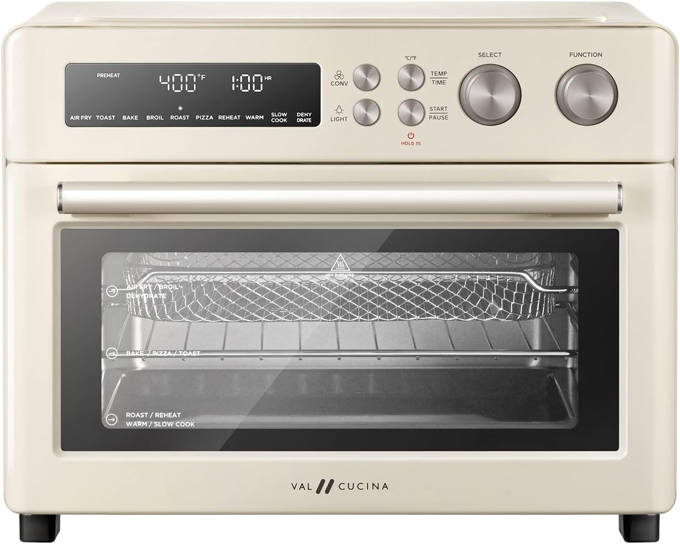VAL CUCINA Retro Style Infrared Ultra-Quick Air Fryer Toaster Oven, Multifunctional 10-in-1 XL Countertop Convection Oven, 6-Slice Toast, 12-Inch Pizza, Enamel Baking Pan for Easy Cleaning, with Bake, Toast, Roast, Broil, Pizza, Reheat, Slow Cook, Dehydra