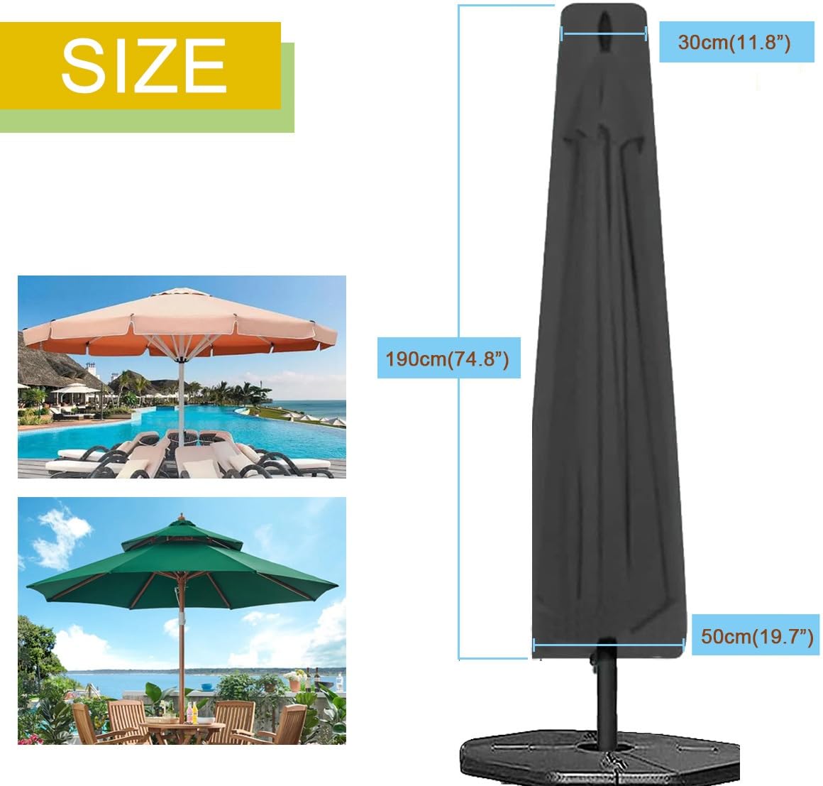 Pokrowiec na parasol ogrodowy (średnica 2, 4 m), wodoodporny, zewnętrzny ochraniacz na parasol na patio, plażę, pasuje do 190 x 30, 50 cm, odporny na działanie promieni UV, odporny na warunki