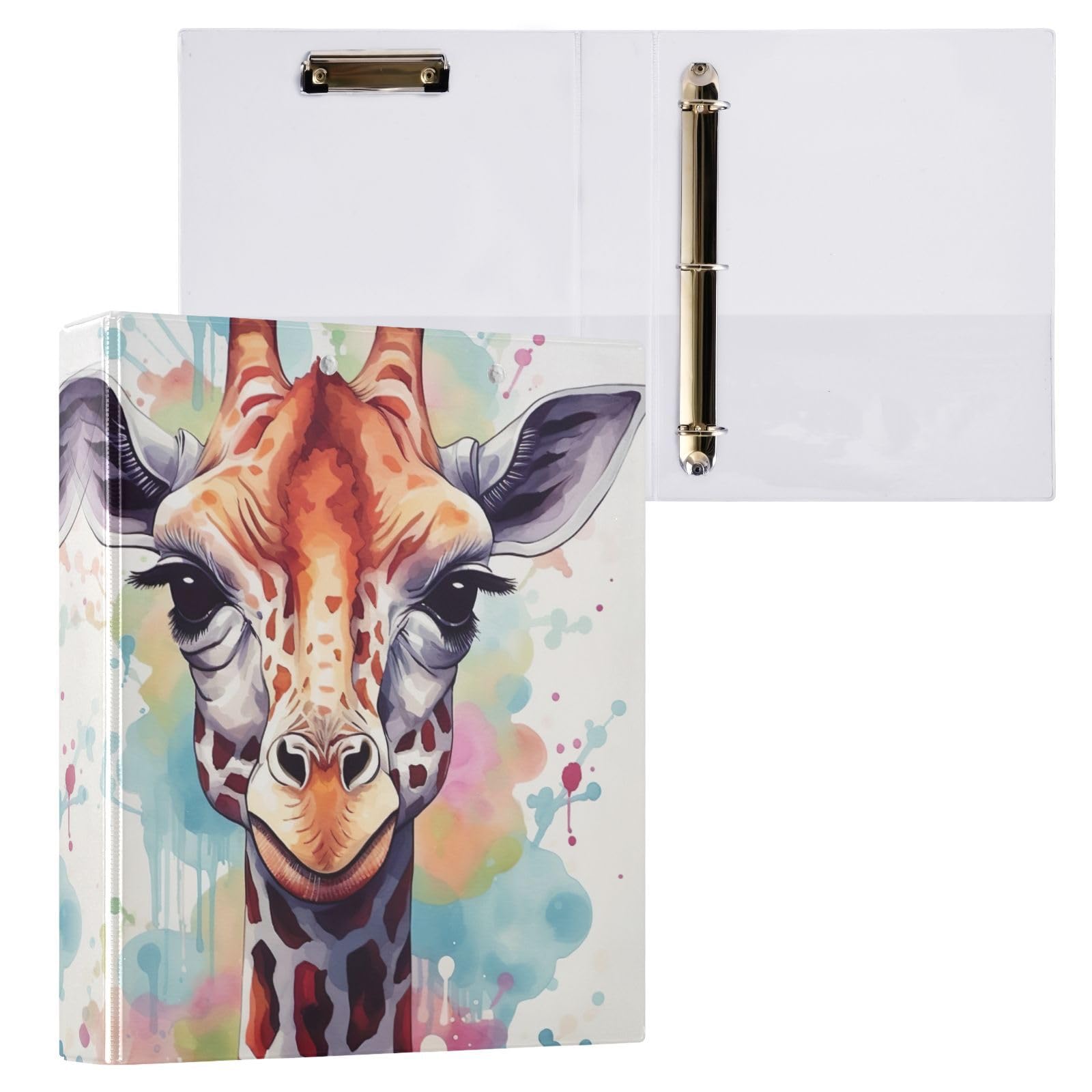 xigua Watercolor Giraffe Face A4 Ring Binders, A4 Folders 3 Ring Binder to Hold 200 Sheets, D Ring Binders with Clipboard for Home Office Supplies 1 Pack