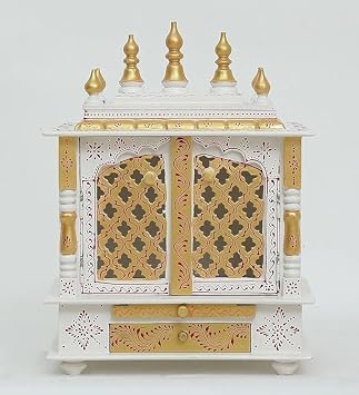 Wooden Temple Pooja Mandir Temple for Home with Decorative Doors, Traditional Design, Maroon and Gold White & Golden
