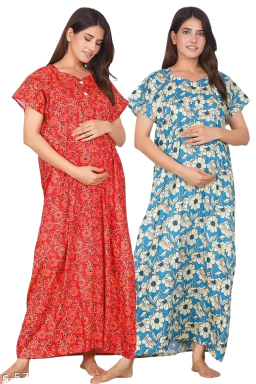 Padmavati Creation' Maternity Feeding Nighty with Front Zipper Soft Cotton Nursing Night Dress for Pregnancy & Breastfeeding CTN_NGT_FLO_CMB_32-image-46