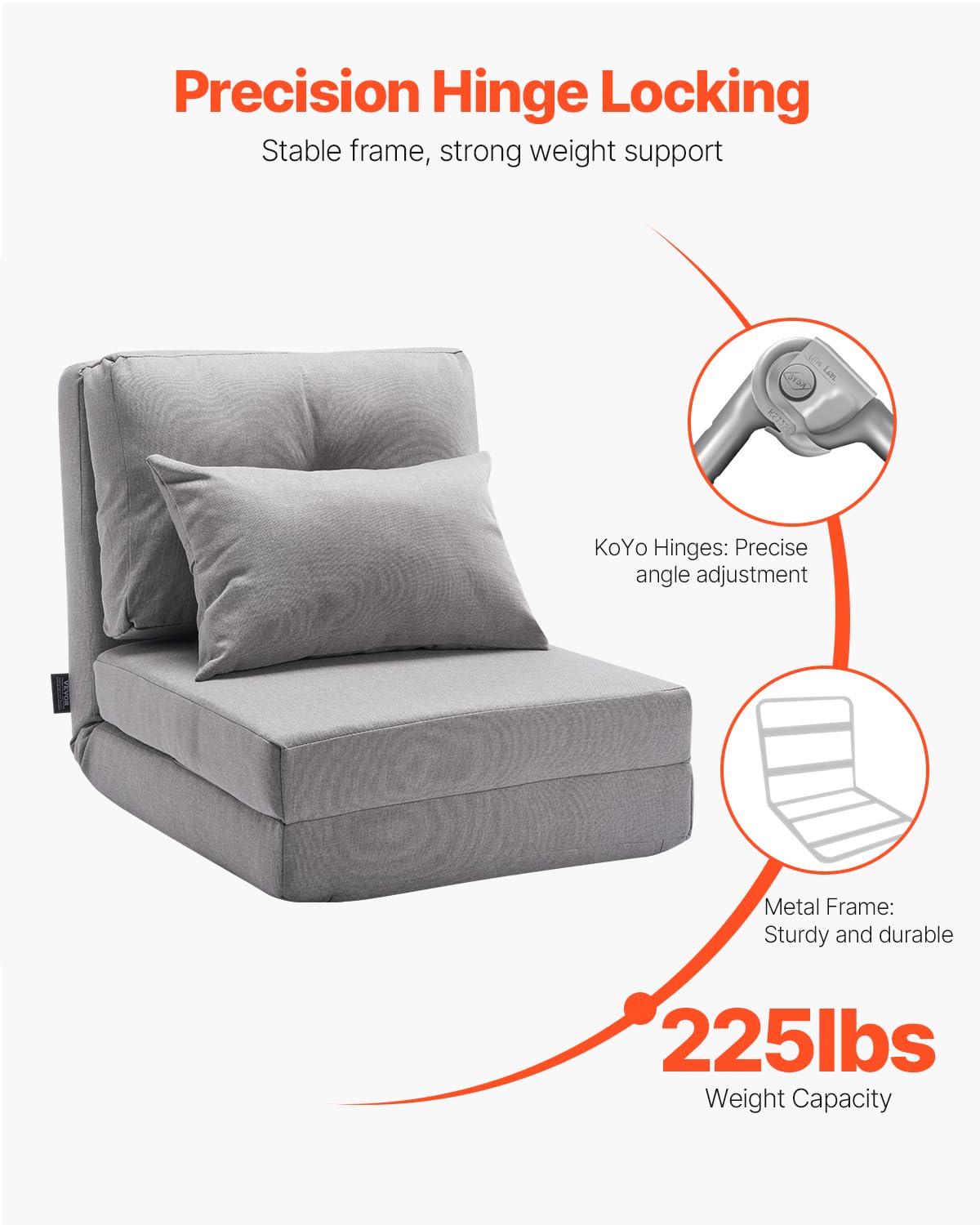 VEVOR Chaise de Sol Pliante, Fauteuil de Sol à 5 Positions réglables, canapé-lit rembourré Pliable avec Dossier réglable, Cadre en métal et Oreiller, Fauteuil Convertible pour Salon, Chambre, Gris