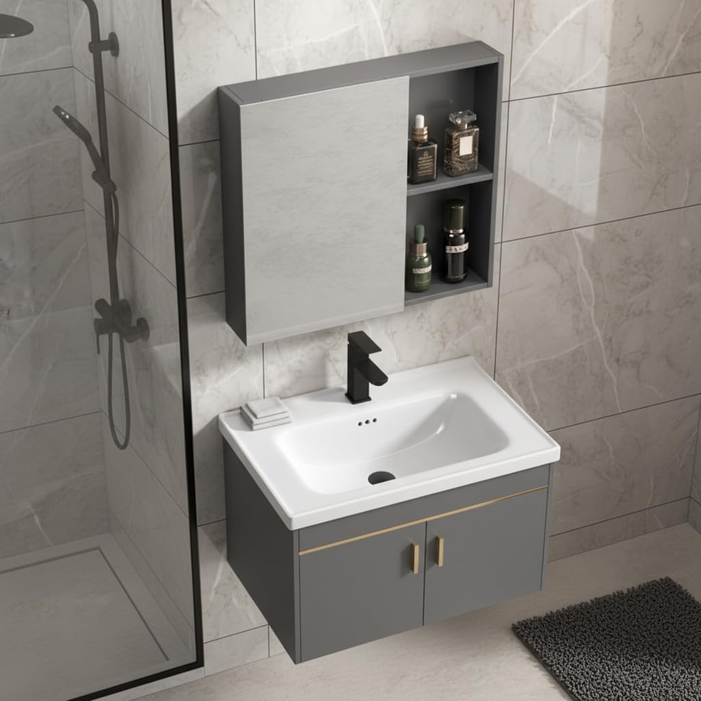 28" Bathroom Vanity Set with Matching Mirror Cabinet, Modern Single Sink Bathroom Vanity with Storage, Modern Bathroom Furniture, Gary (28x18x24IN)