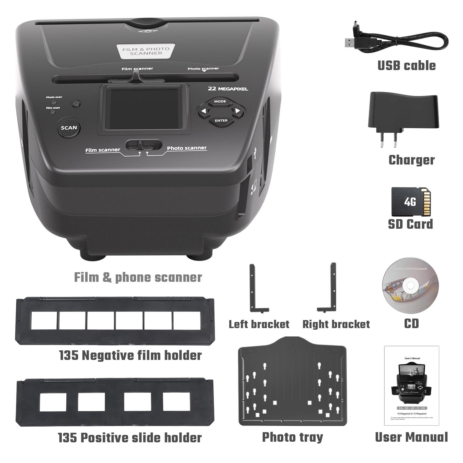Scanner de films et photos avec écran LCD de 2,4", convertit 135 diapositives de 35 mm/135 films négatifs, photos, cartes de visite en images numériques de 22 MP, carte SD de 4 Go