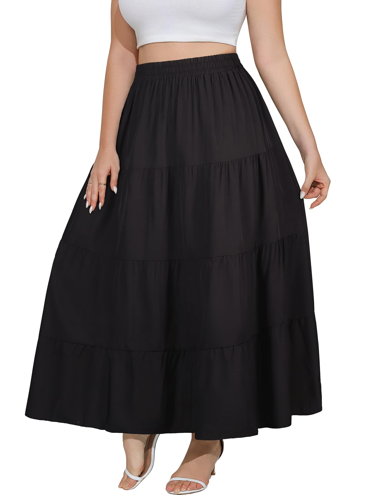 Womens Long Maxi Plus Size Skirt 2026 Trendy Flowy Elastic High Waist Casual Spring Swing A-line Floral Skirts