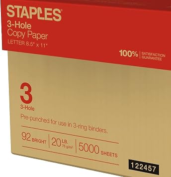 Staples Copy Paper, 8.5x11 Inch, 3-Hole Punched, For Office & School