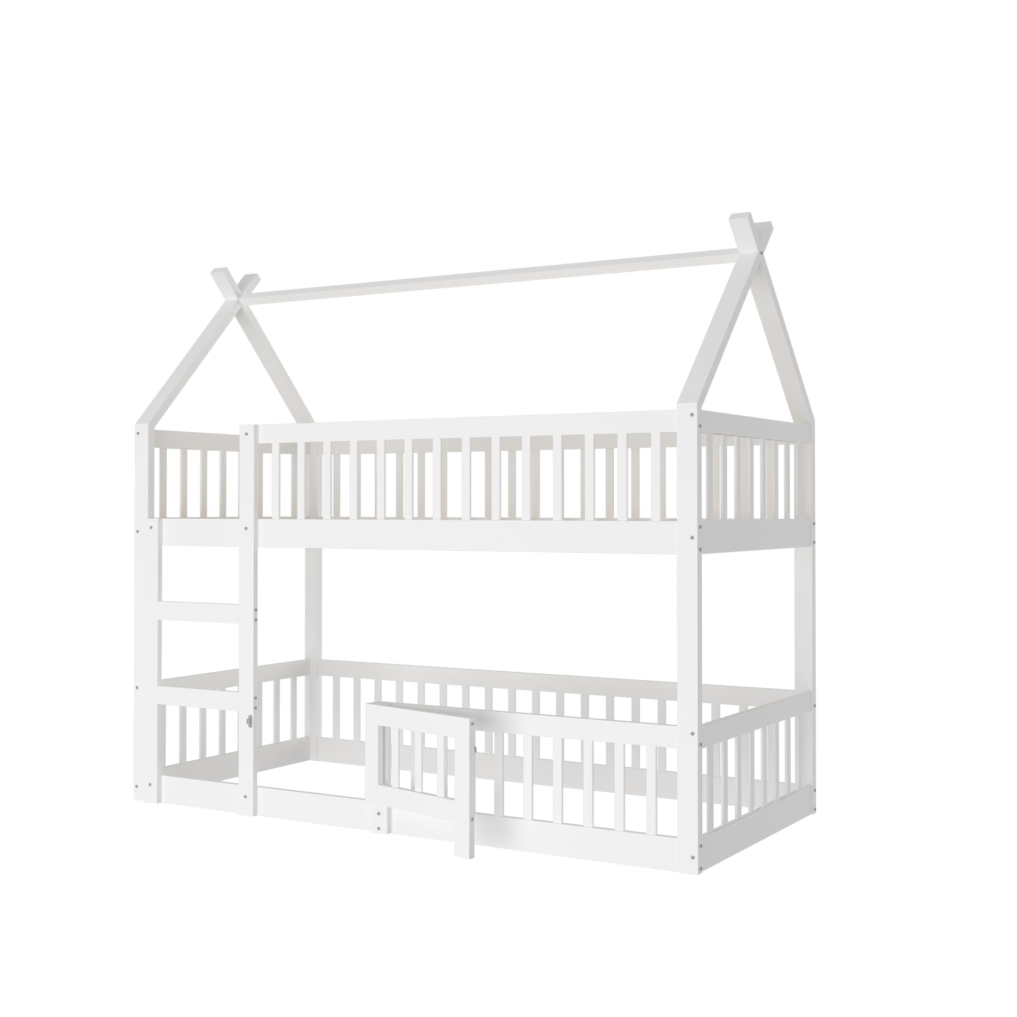 Etagenbett für 2 Kinder, 90x200 cm Kinderbett Bodenbett Hausbett mit Rausfallschutz und Lattenrost,Vollschutzgitter und Türen, Massivholz Doppelbett Stockbett Gitterbett Jugendbett,Ohne Matratze,Weiß