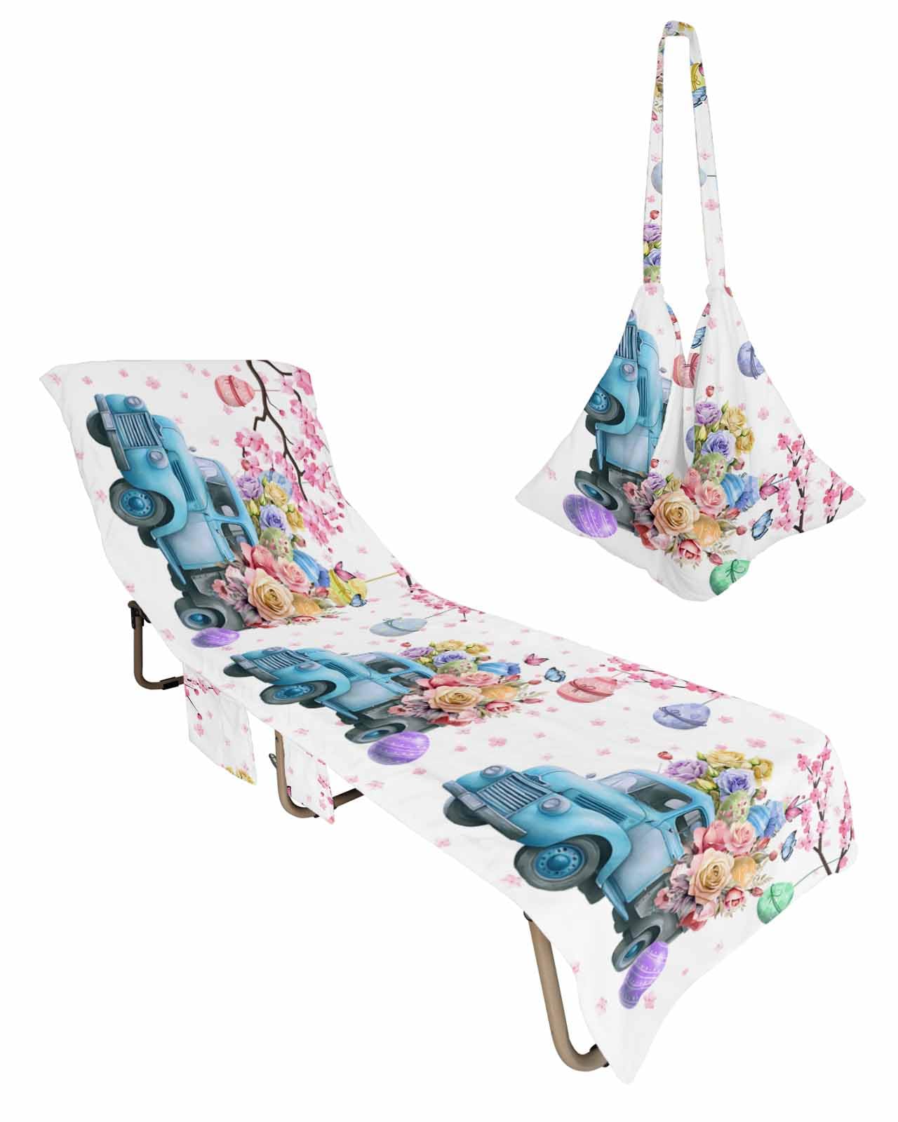 Blue Truck Easter Beach Lounge Chair Towel Cover, Soft Chaise Lounge Towel with Side Pockets Patio Pool Chairs Cover for Beach/Pool Sunbathing 29x85 Pink Spring Floral Eggs Botanical