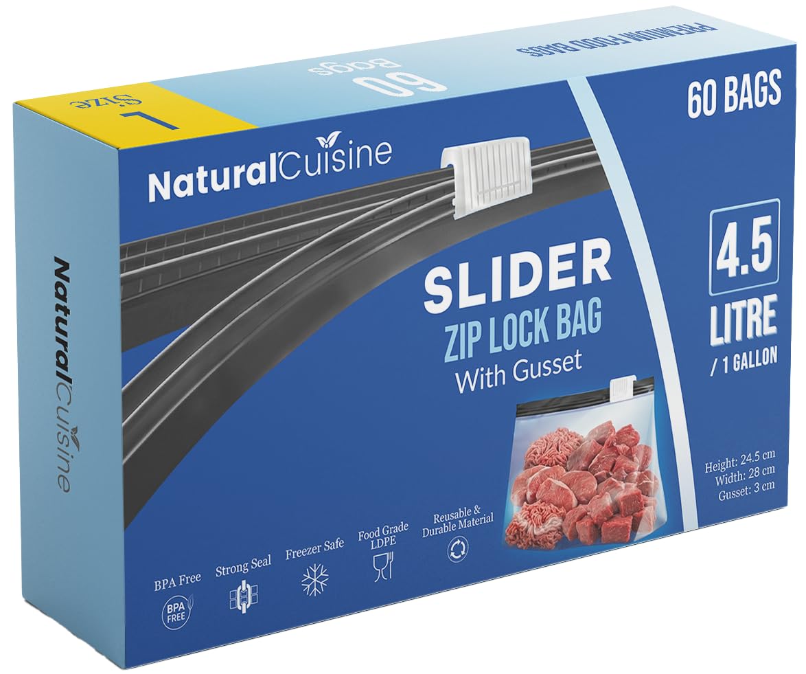 60 x Slider Food Storage LARGE Zip Lock Bags – Expandable Gusset, BPA Free, Reusable, Freezer & Fridge Safe, Sandwich bags 4.5 Litre Large Bags — image 1