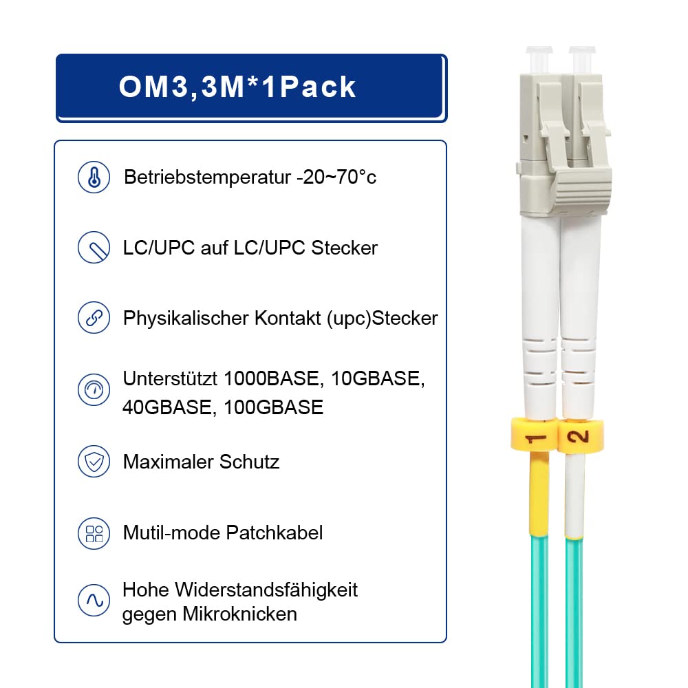 OM3 3M-4pack LC vers LC fibre optique Câble patch | Options de longueur : 0,2 à 100 m, 10 Go duplex LC-LC 50/125 um multimode LSZH 3 m