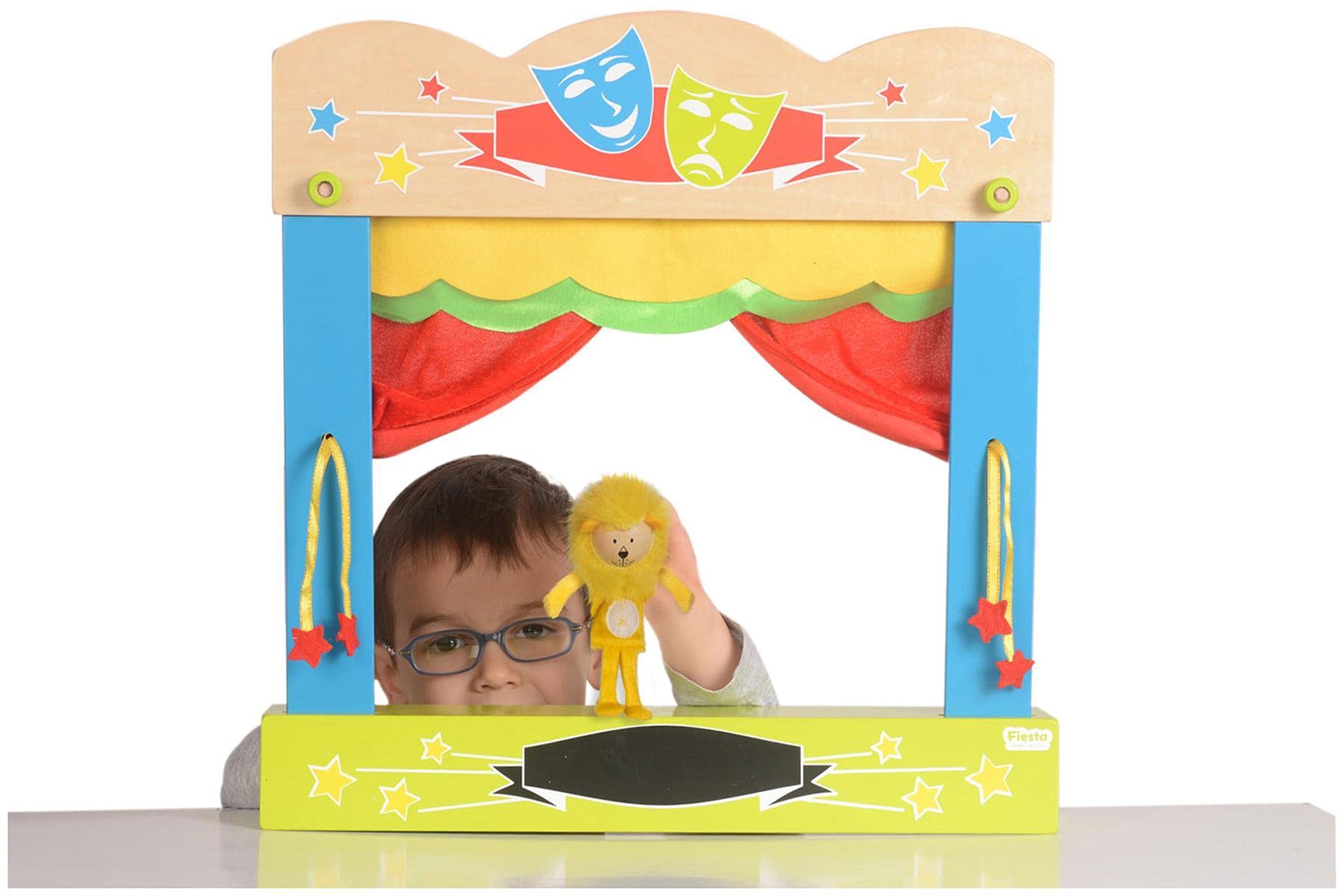 Fiesta Crafts Finger Puppets Theatre - Colourful Wooden Carry Case for Hand Puppets with Fabric Curtains & Drawstrings to Pull - Easy to Fold Portable Kids Pop Up Theatre for Imaginative Play