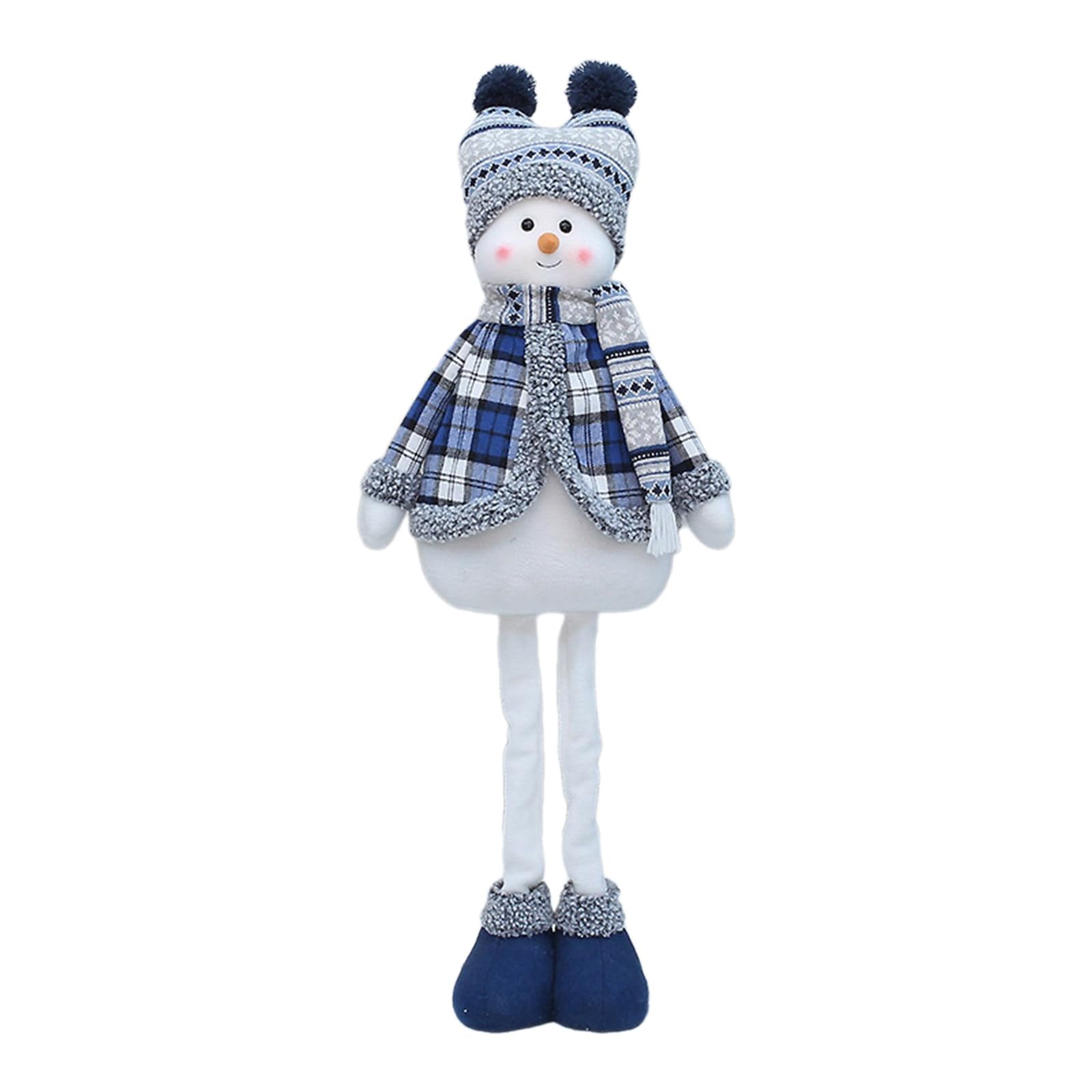 hogtnd Blue Christmas Snowman Decoration Wearing Warm Hat & Scarf Plush Fabric Telescopic Snowman Standing Figure Doll Christmas Decorations