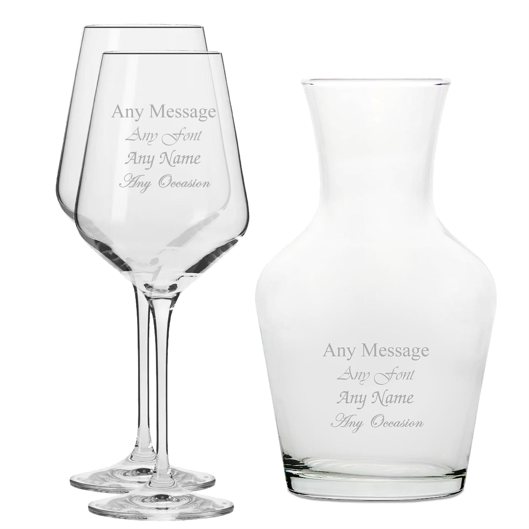 Personalised Engraved Set of 2 Infinity Wine Glass and 1 Litre Vin Carafe Set, Customise with Any Message for Any Occasion, Stylize from a Variety of Fonts, Gift Boxes Included, Laser Engraved