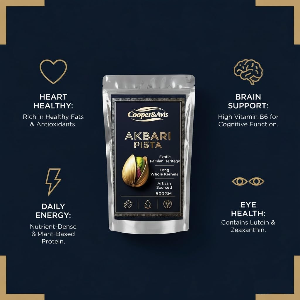 Cooper&Avis King Grade Akbari Pistachios (500g) β Super Long Exotic Variety, Hand-Sorted Premium Whole Kernels | Nutrient-Dense Gourmet Snacking for Gifting & Home Cooking | Farm Fresh & Natural 1