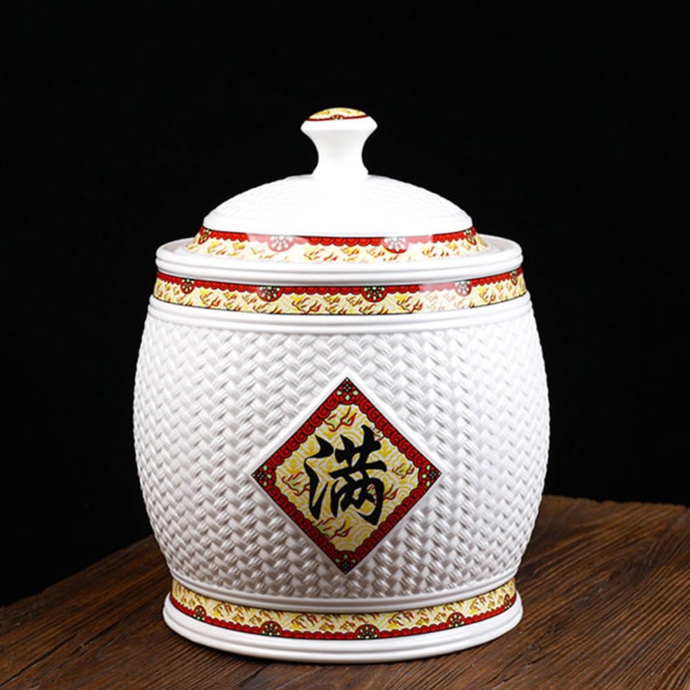 SXYHCK Chinese Sealed Ceramic Rice Pot Ceramic Rice Bucket With Lid, Grain Storage Container Porcelain Food Dispenser For Snacks Candy Coffee Beans(Style G,10kg/22lbs)