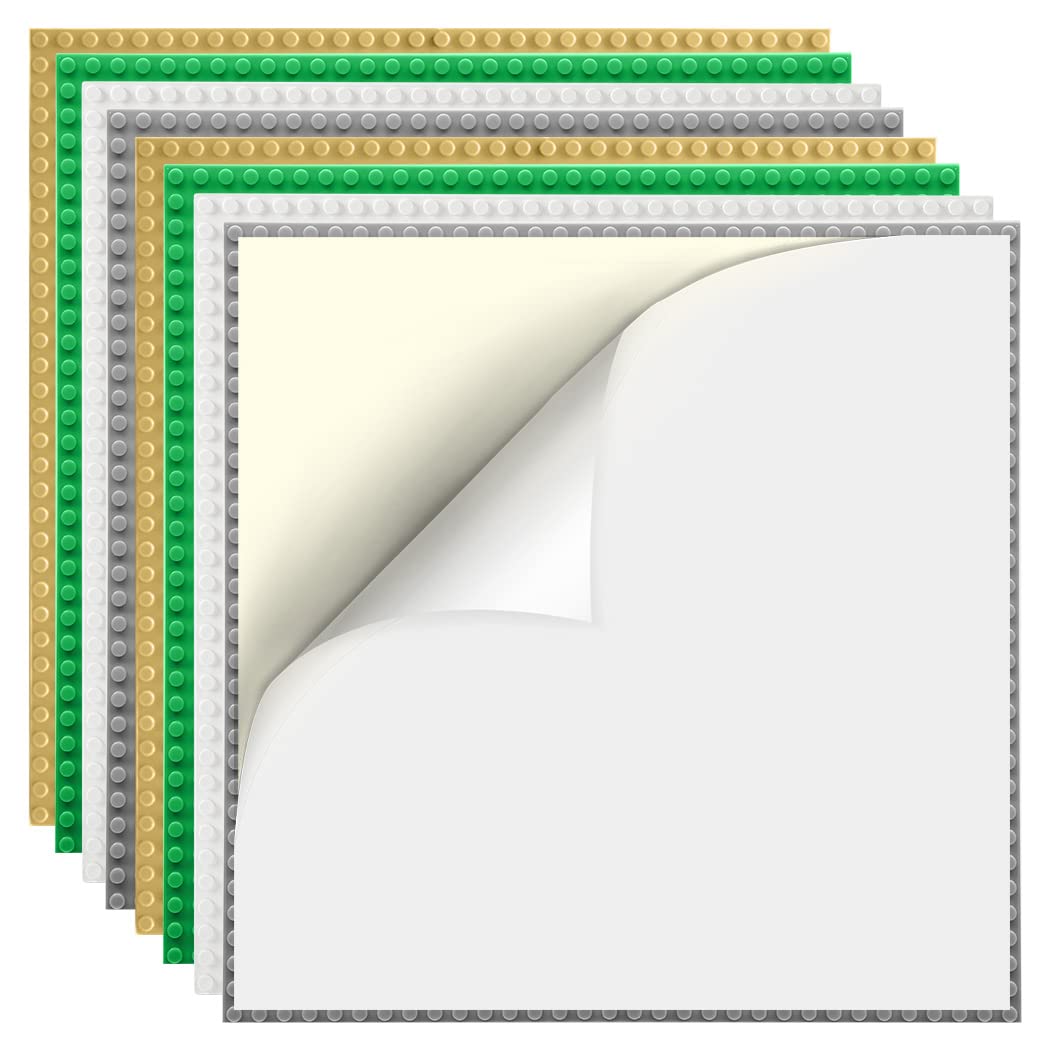 8 Pack Peel-and-Stick Building Baseplates, 10”x10” Classic Self-Adhesive Boards - 100% Compatible with All Major Brands, Sturdy Stacking Play Table Top, Green/Grey/White/Sand