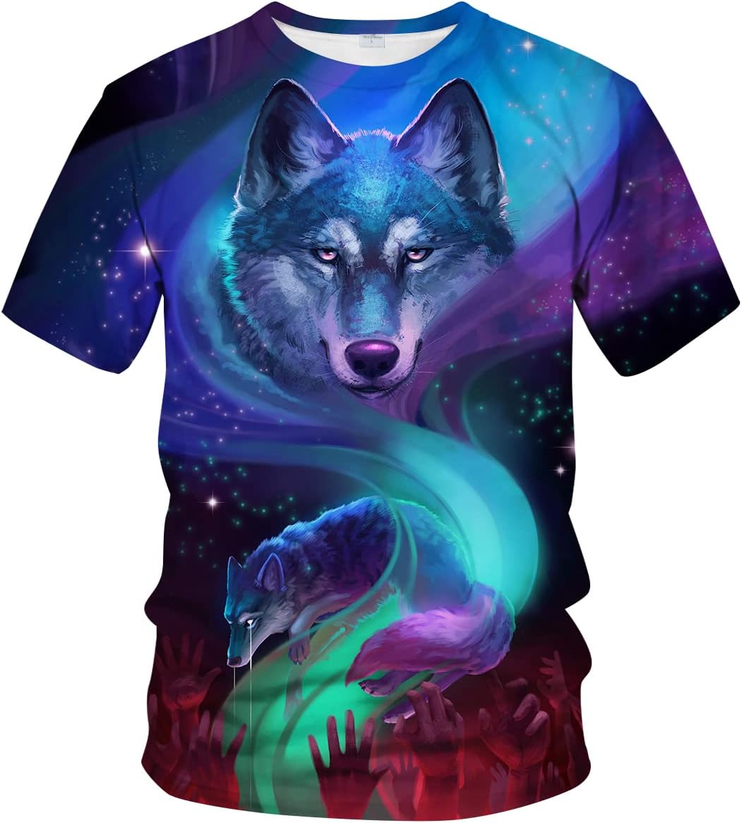 LAOLIUSN Men's Wolf T-Shirt Summer Short Sleeve Tees Tops Animal Theme Sweatshirt Realistic Graphic Shirt