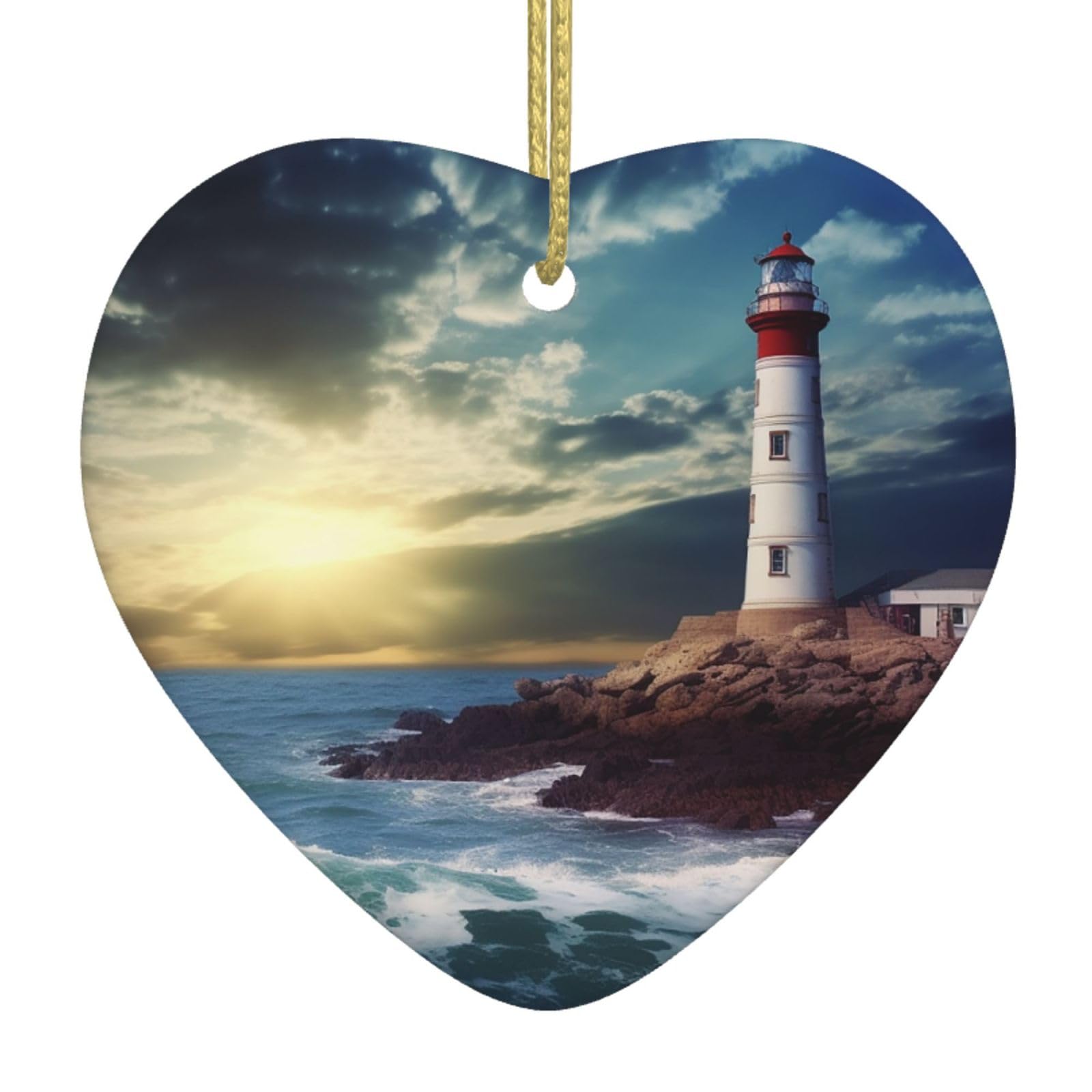 Ceramic Christmas Tree Hanging Ornaments with Gold Ropes Christmas Tree Decorations Heart Ceramic Lighthouse Seaside Pendant Keepsake Decorations for Holiday Xmas Gift Ideas