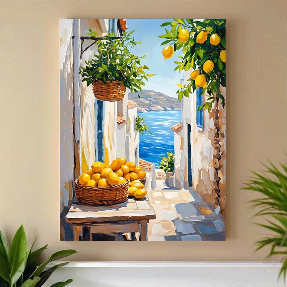 GOSRD Canvas Prints Poster Wall Decoration Mediterranean Lemon Alley Coastal Village Art(70x100cm)