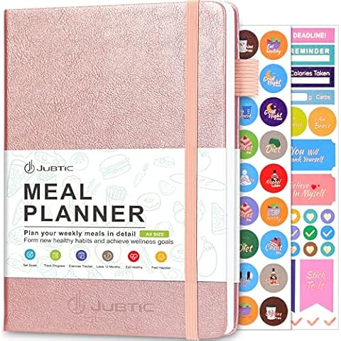 JUBTIC Weekly Meal Planner Notebook, Food Journal for Women Weight Loss, Fitness Journal, Daily Meal Prep Journal with Shopping and Grocery Lists for Food Planning, Healthy Diet or Weight Loss Tracking, Last 1 Year,Undated, A5, Rose Gold Cover
