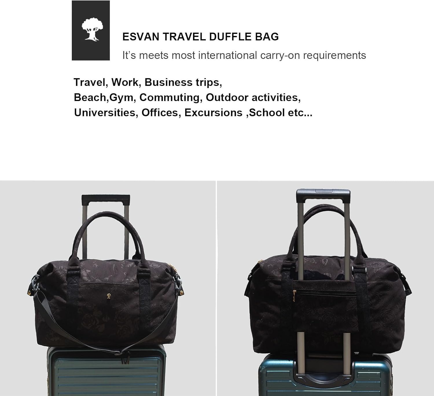 ESVAN Travel Tote Duffel Gym Bag,Weekender Overnight Carry-on Tote Crossbody Bag with Wet Pocket and Trolley Sleeve Upgraded