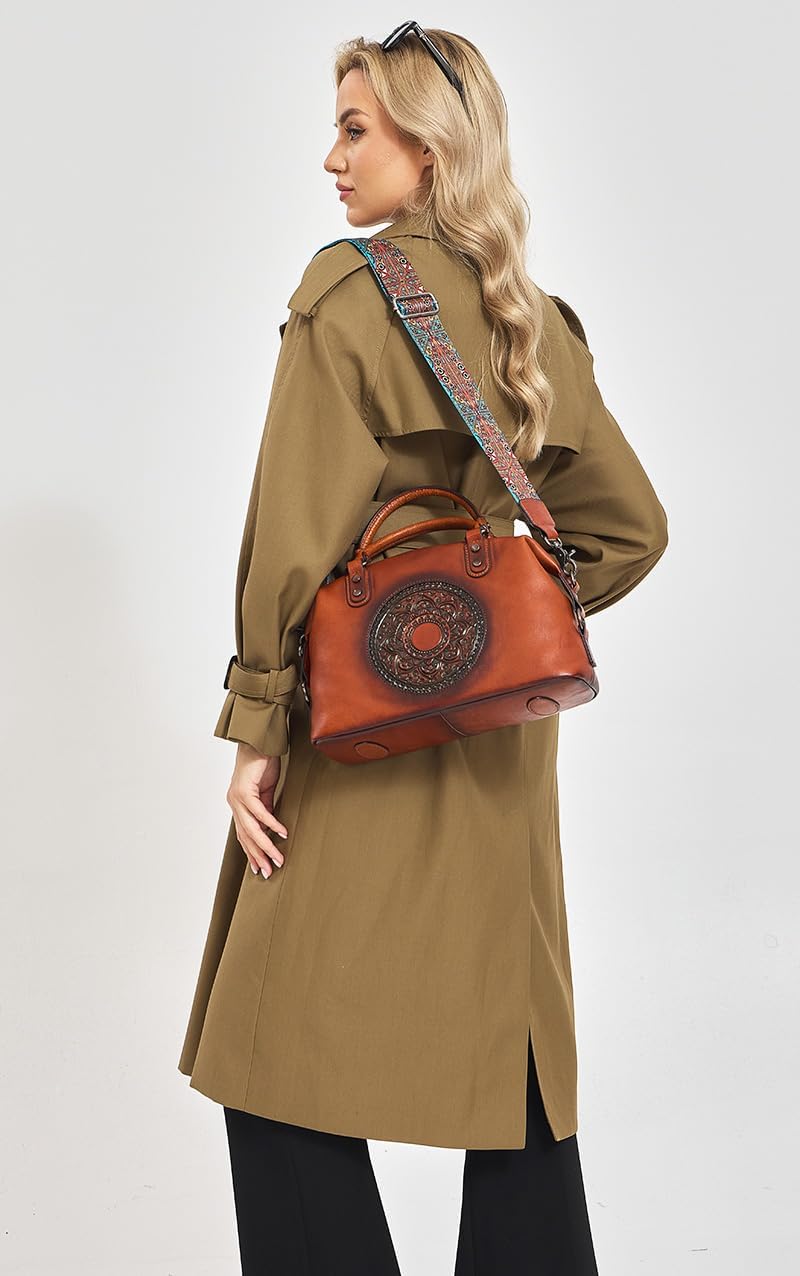 Leather Handbag for Women, Genuine Leather Purses Retro Mandela Crossbody Handbag Tote Bag - Image 5