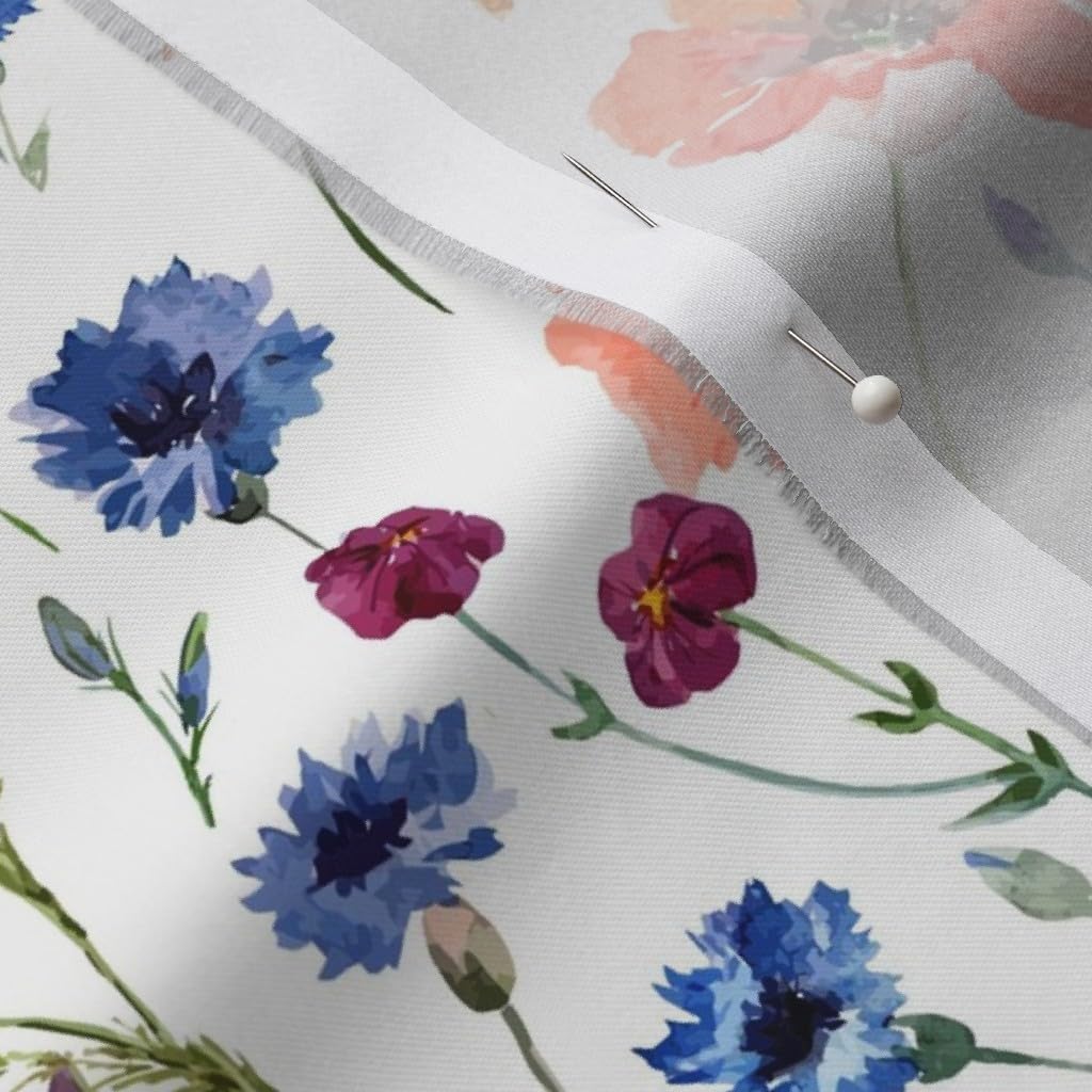 Spoonflower Fabric - Wildflowers Floral Poppies Wildflower Fashion Periwinkle Coral Printed on Organic Cotton Sateen Fabric by The Yard - Sewing Quilting Apparel Home Decor