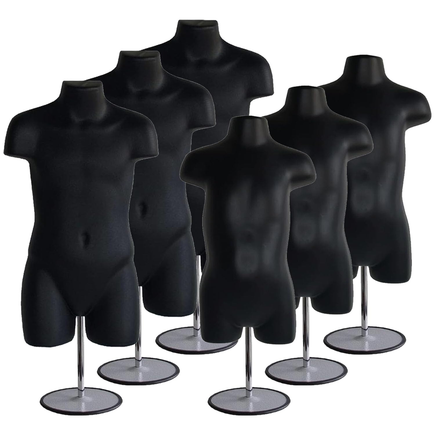 DisplayTown Black Child + Black Toddler Hollow Back Mannequin Torso Set w/ Metal Stand, Metal Pole & Hanging Hooks for Counter Top & Hanging Display, Easy to Assemble, Size 18MO ~ 3T, 5T-7 (Set of 3)
