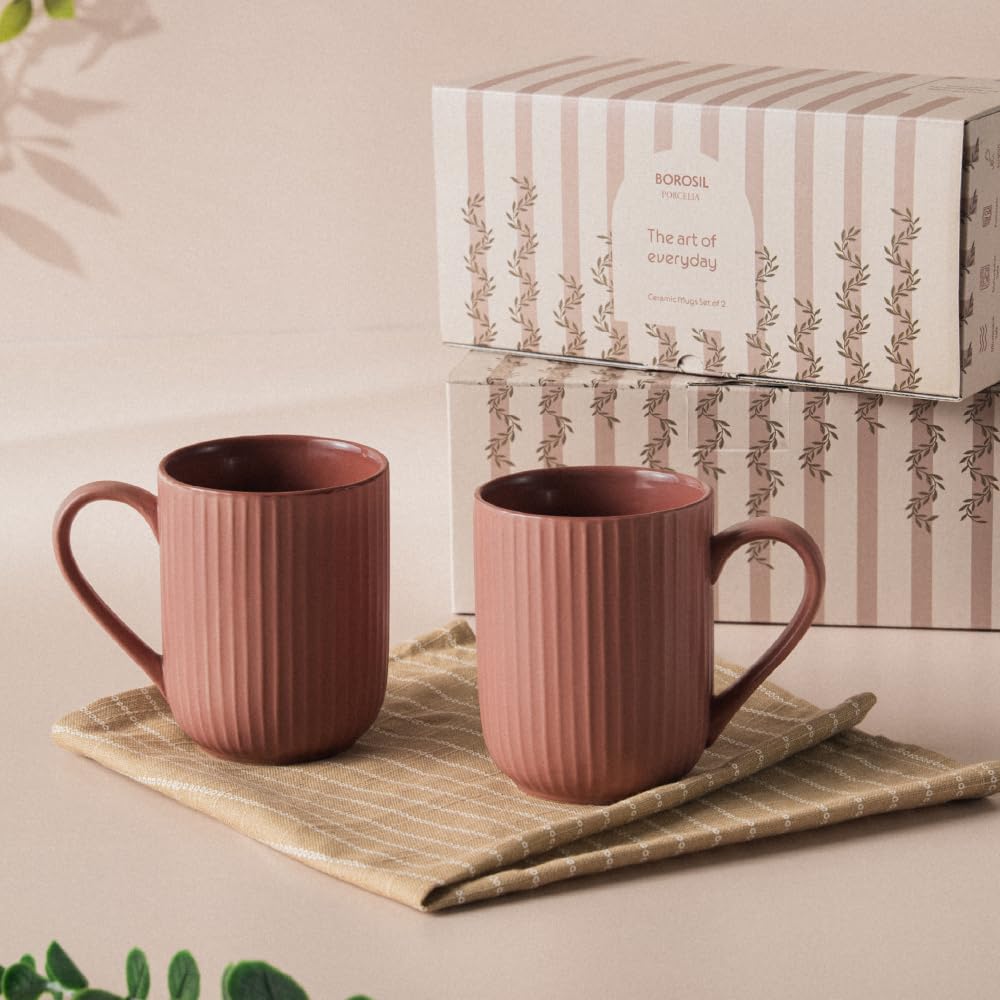 350 ml x 2pc Flute Rose Tea/Coffee Mug Set | Porcelian Everyday Use Cups | Elegent Embossed Designs | Microwave & Dishwasher Safe Crockery for Gifting & Dining-image-47