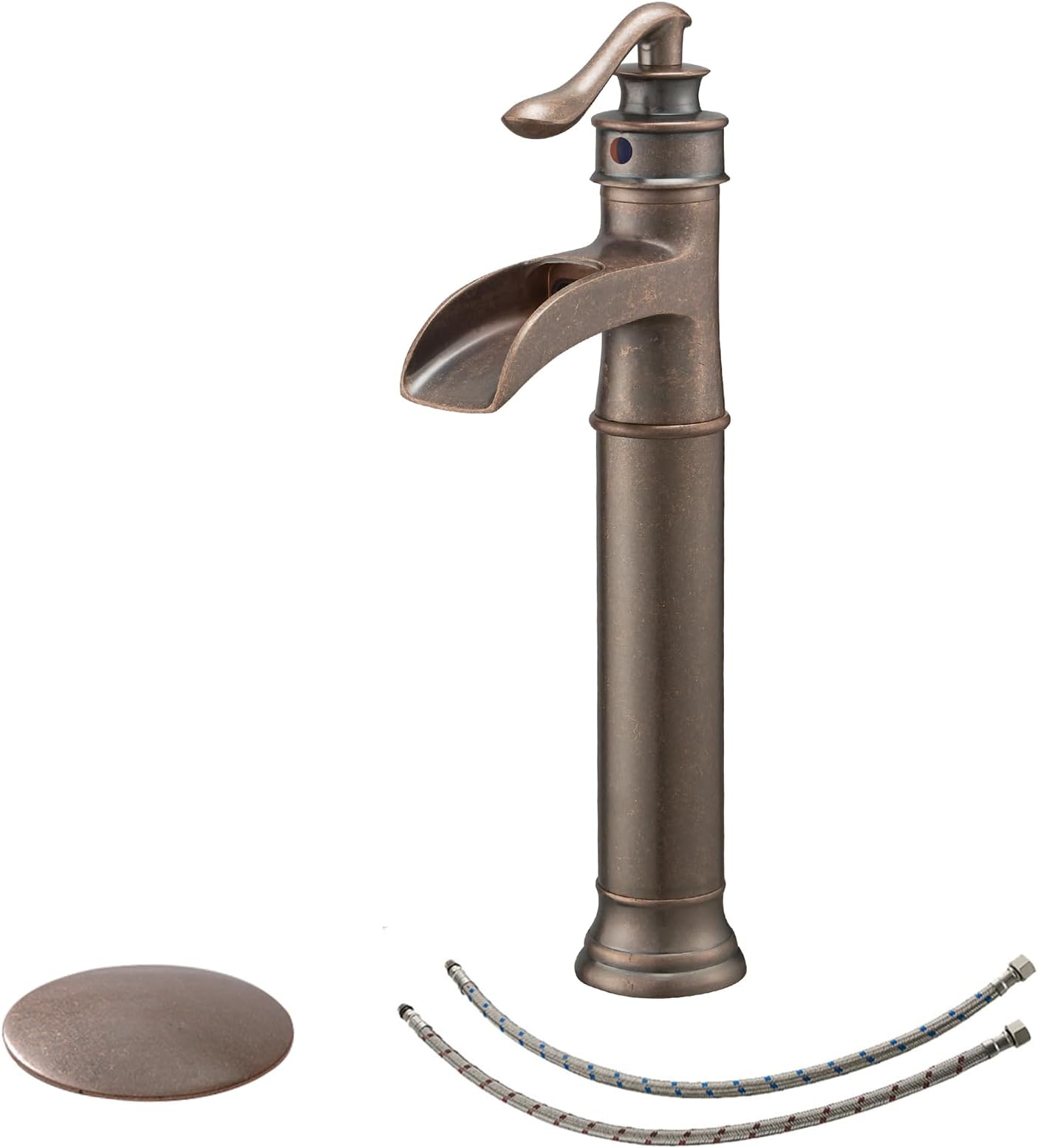 BWE Vessel Sink Faucet Waterfall Antique Copper Single Hole with Pop Up Drain Stopper Without Overflow and Supply Lines One Handle Vanity Basin Bath Sink Mixer Tap