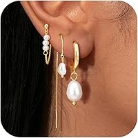 Turandoss 14K Gold Plated Pearl Earrings Set for Women - Dangle Hoop, Mismatched Threader & Stud for Multiple Piercings