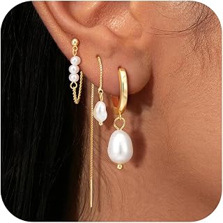 Turandoss 14K Gold Plated Pearl Earrings Set for Women - Dangle Hoop, Mismatched Threader & Stud for Multiple Piercings