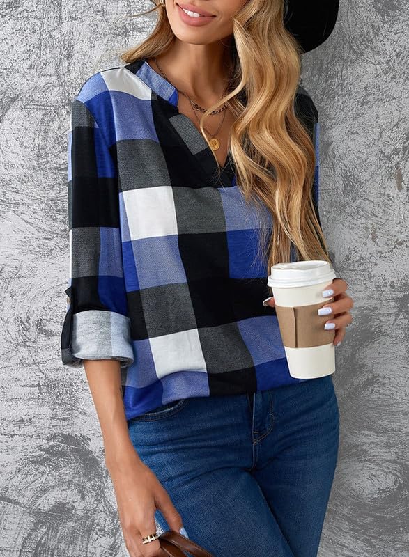 Image of Dokotoo Womens Tops Plaid Cotton Cuffed 3 /4 Sleeve Shirts Blouses