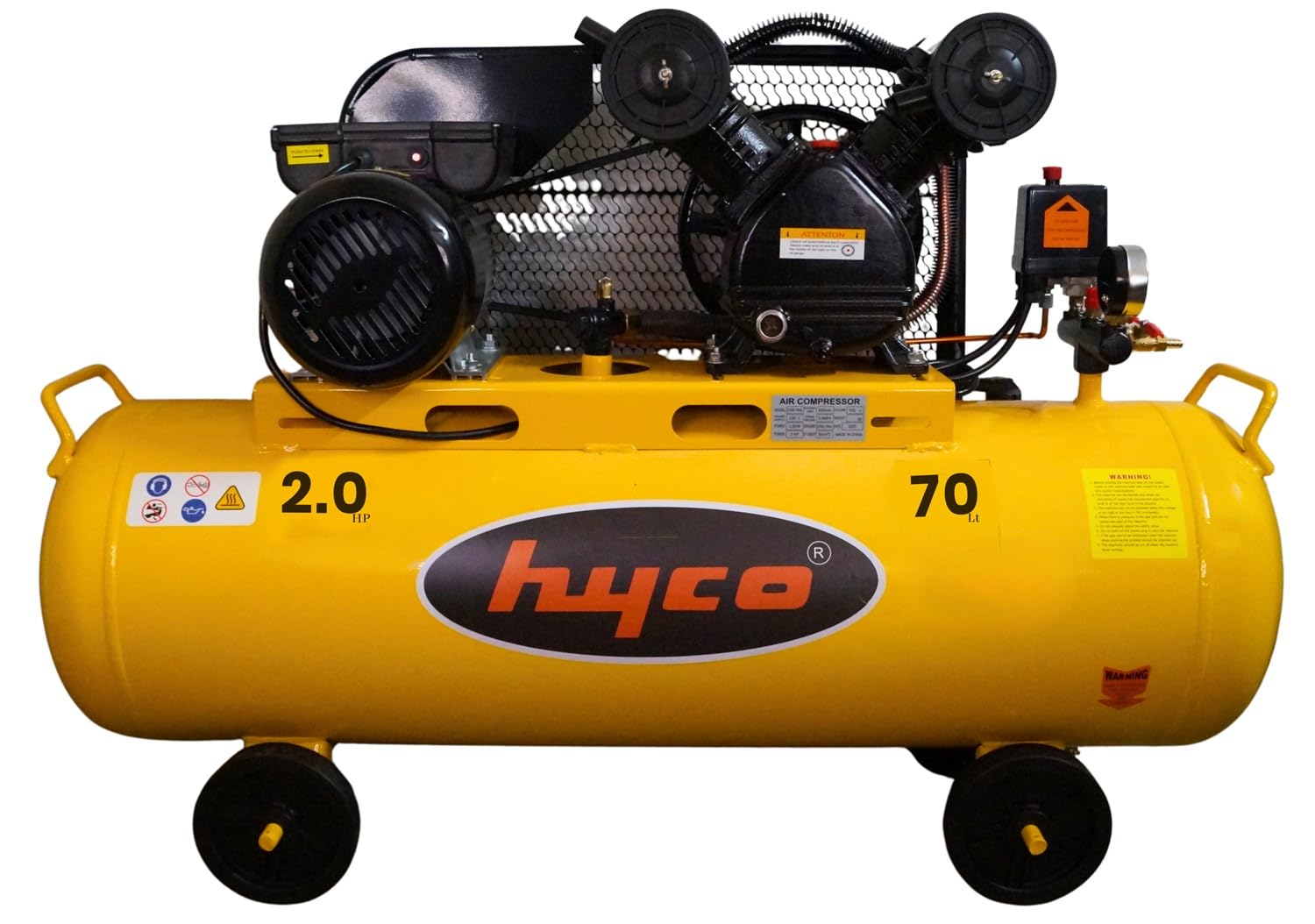 HYCO 2HP Belt Driven Lubricated Air Compressor with 100% Copper Winding Motor 70L Tank Capacity