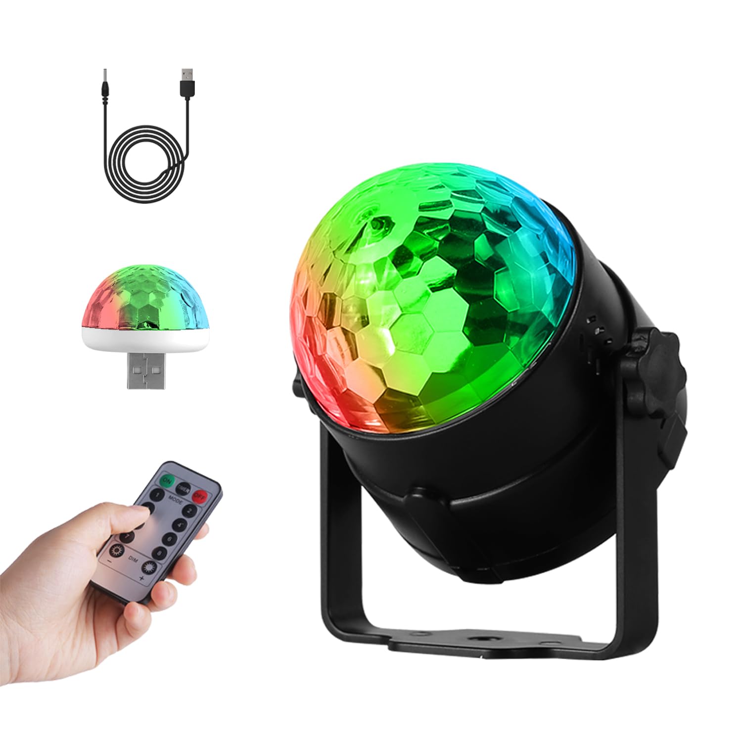 CANMEIJIA Disco Lights For Parties 5V, Disco Ball Light 360° Rotation Sound Activated, Stage Lighting 3W Portable, Remote Control Transformation, 1M USB Power Charging, For Kids Birthday Family Party