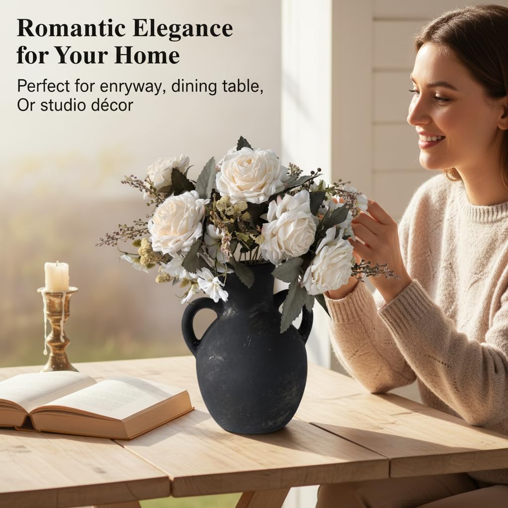 15” Flower Arrangement with Terracotta Vase, Pre-Arranged Faux Roses & Mixed Flowers Centerpiece for Rustic Farmhouse Table Decor(Black).