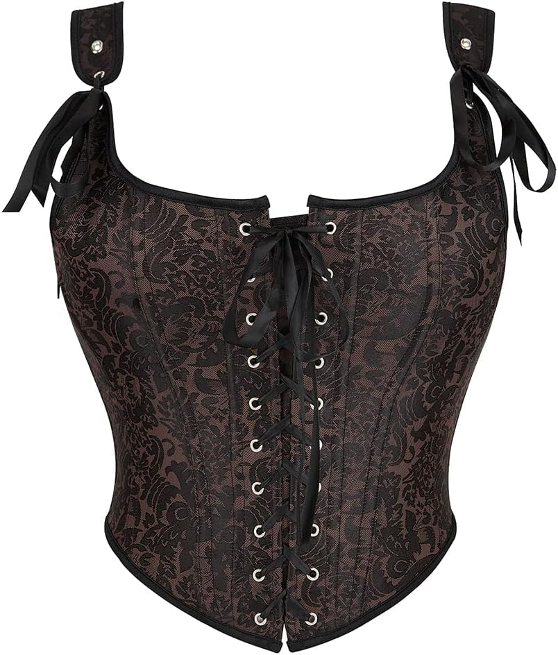 Women's Renaissance Floral Corset Tops Going-Out Vintage Brown Push-Up Overbust Bustier Lace-Up Boned Bodyshaper