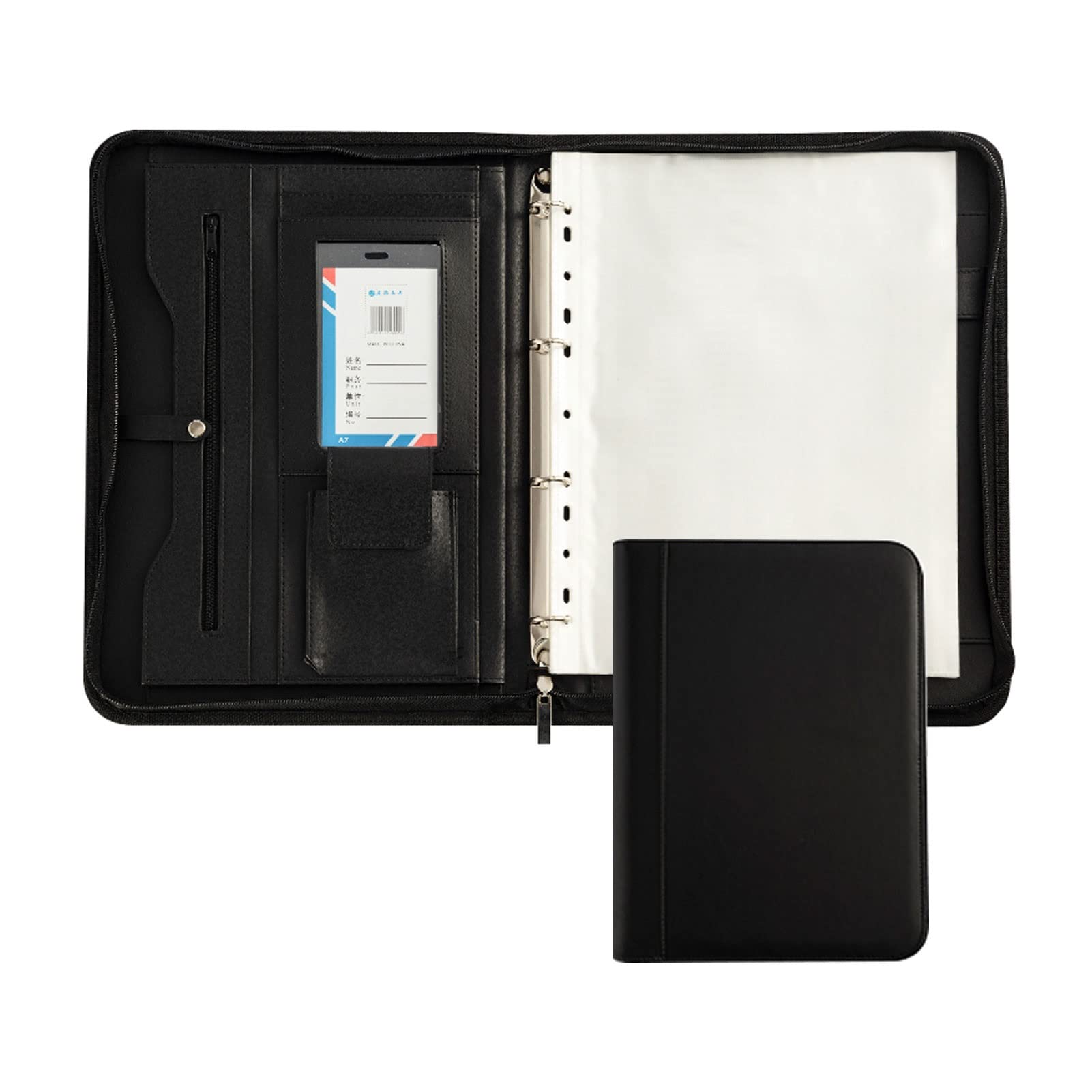 Porte-document A4 à 4 anneaux conférencier noir en simili cuir avec bloc-notes