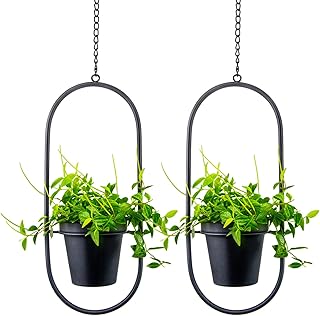 Modern Metal Hanging Planters with 5 Inch Pots - Set of 2 Oval Geometric Plant Hangers - Black Wall and Ceiling Mount Flower Holders for Indoor and Covered Outdoor Houseplants