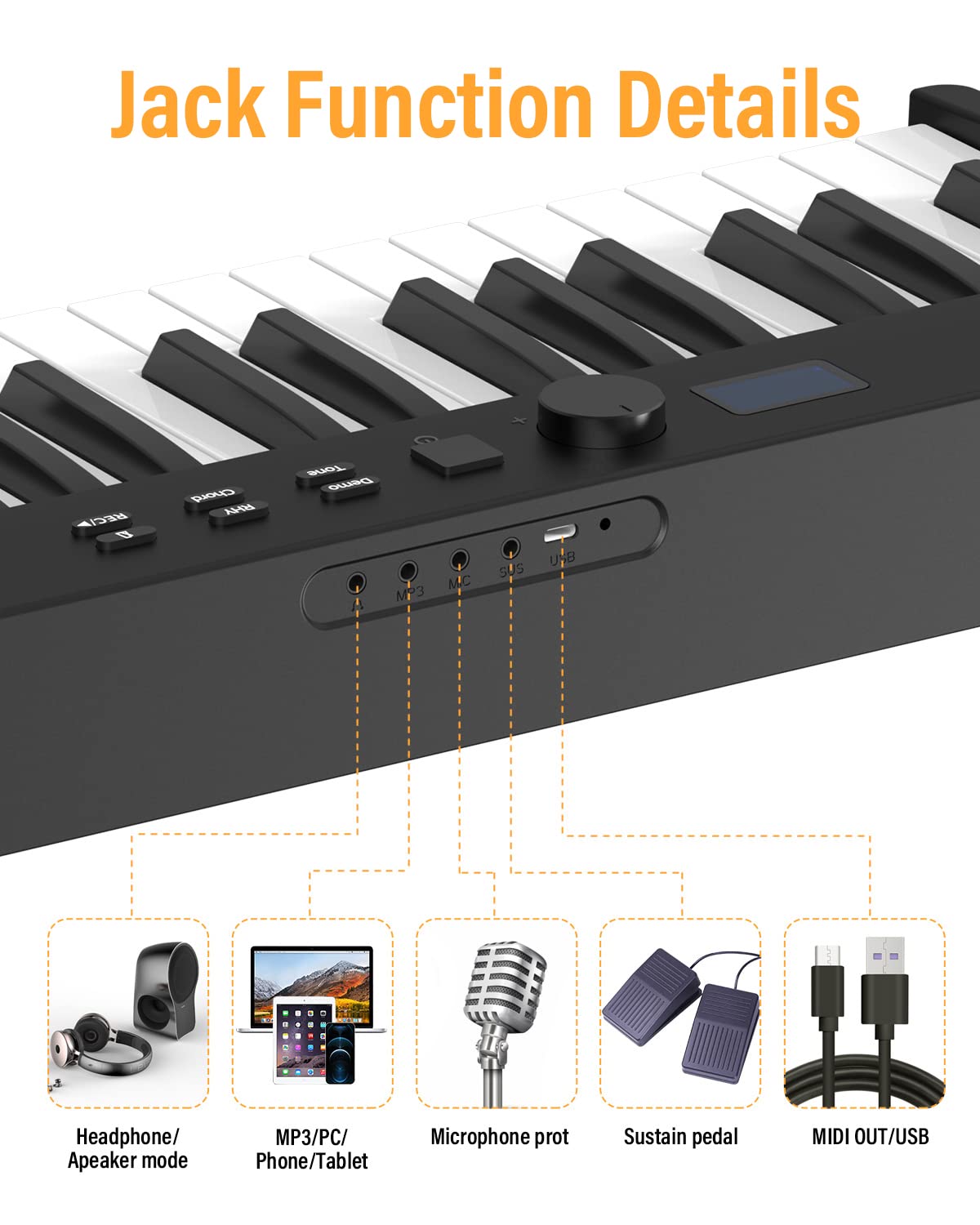 88 Tasten Faltbare Klaviertastatur mit halbgewichteten Tasten in voller Größe, tragbares Digitalpiano mit Bluetooth MIDI & wiederaufladbarem Akku, Reiseklavier für Anfänger, Studenten und
